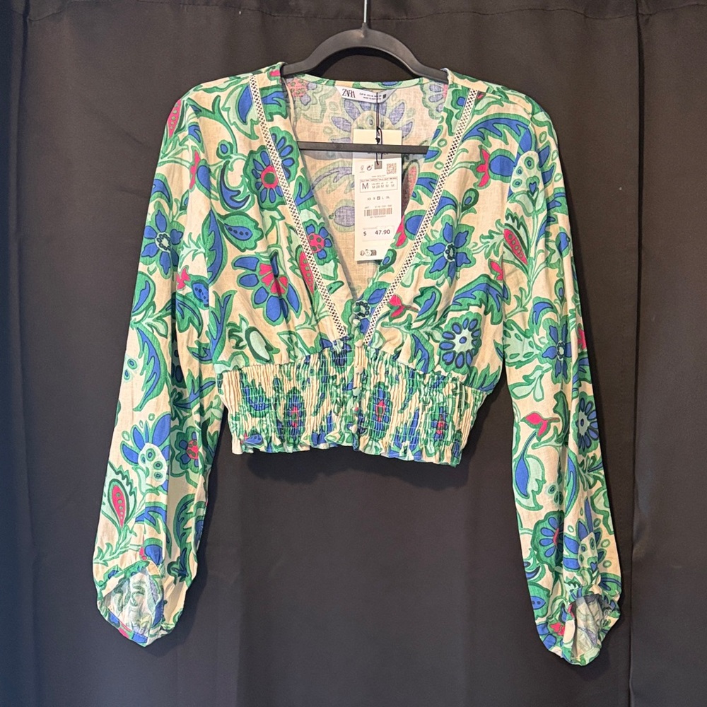 Zara Women's Floral V-Neck Blouse - Green and Blue
